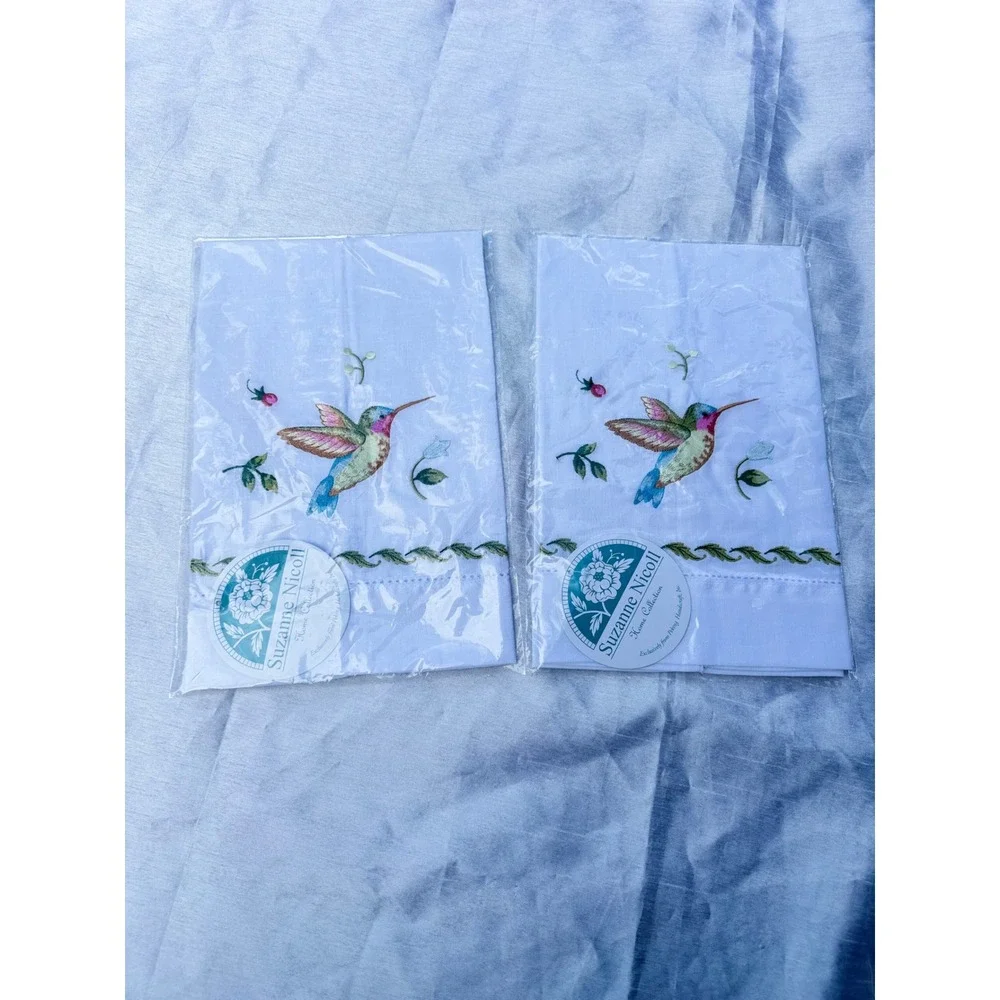 Suzanne Nicoll Hummingbird Embroidered Guest Towels Set of 2 Linen Cotton White
